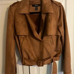 Faux Suede Belted Zip up Jacket